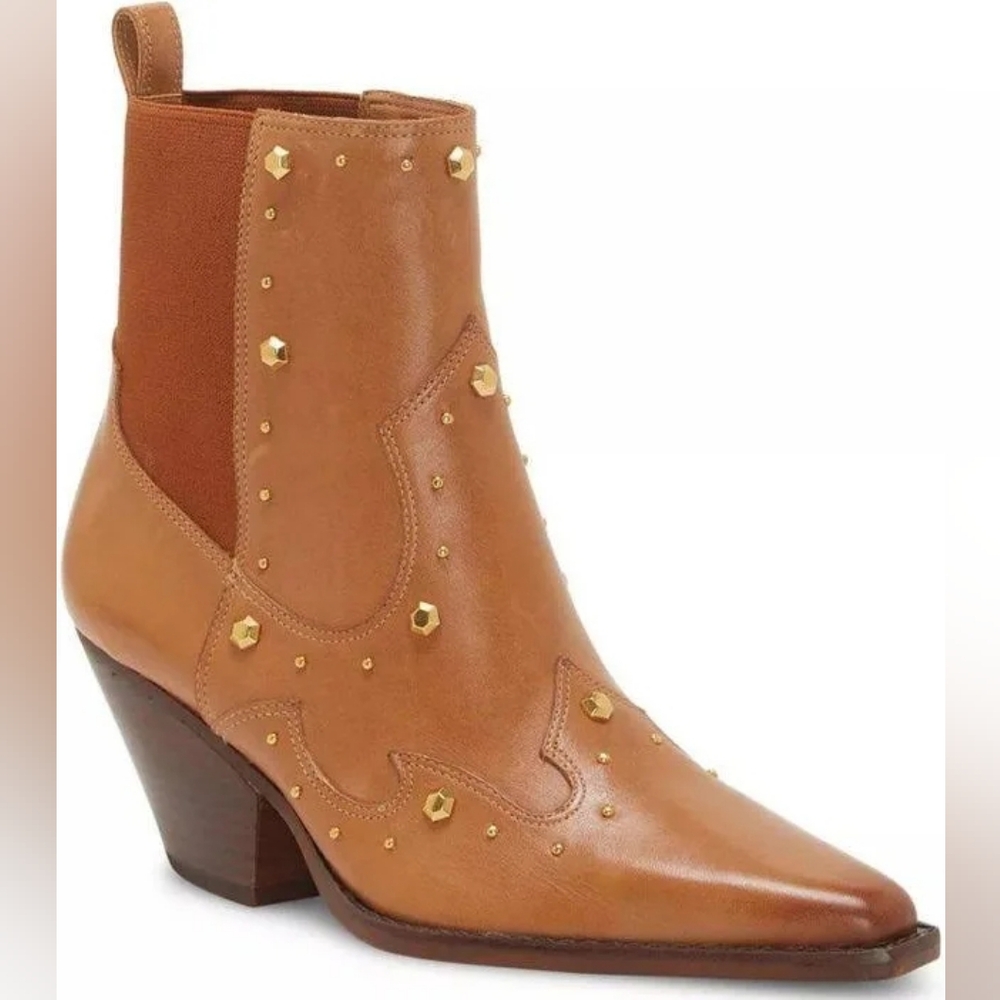 Vince Camuto Women's Norley Studded Ankle Boot, Cognac, Burnished Leather, 9M